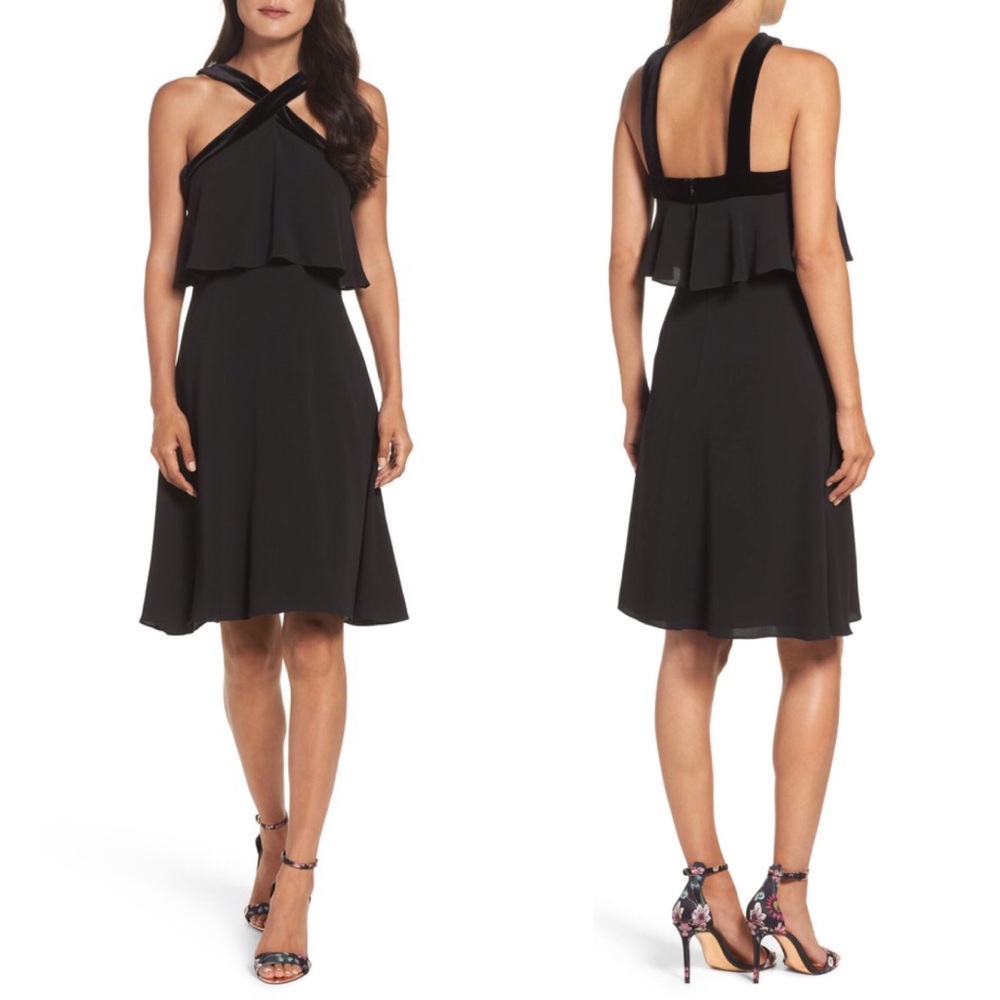 Maggy London Black Popover Velvet Trim Party Dress